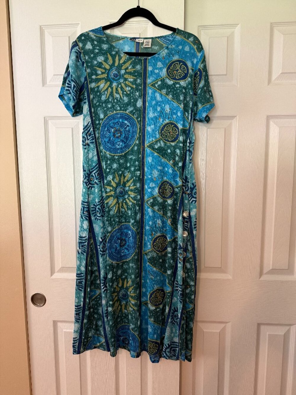 LA Cera Blue Green Boho Resort Dress Size M 100% Rayon